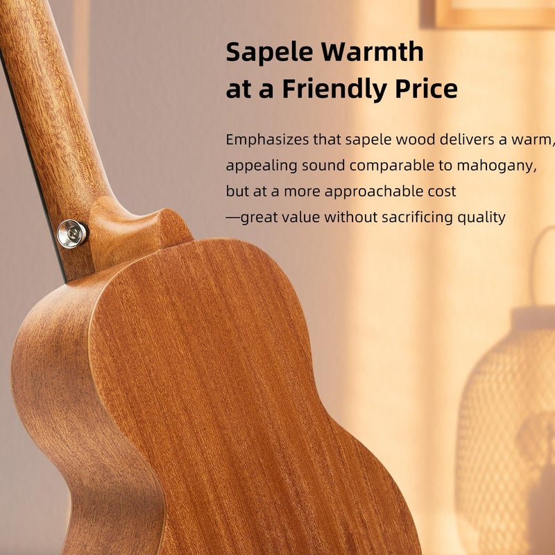 TOM 23" Sapele Concert Ukulele – Includes Quick Locking Strap On Ukulele Beginner Kit, Ukelele for Professional Adults, Beginner & Kids, Rich Tone with D’Addario Strings, (23" Concert) - Image 3